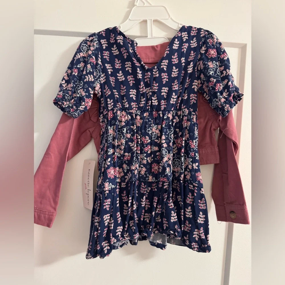 Nanette Lepore Girls 2 Piece Faux Wrap Dress and Pink Jean Jacket - Picture 2 of 5